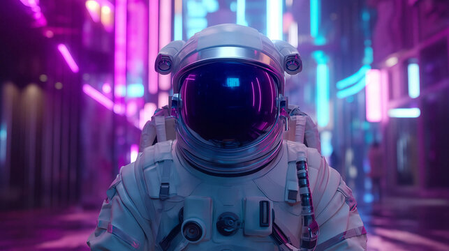 Astronaut in Futuristic Cityscape: A lone astronaut stands amid a mesmerizing futuristic cityscape, illuminated by vibrant neon lights. Exploring the unknown realms of technology and exploration.