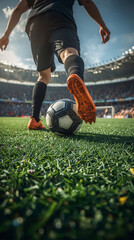 A soccer player kicking the ball in a stadium, low angle shot, with a focus on the player's foot and the ball