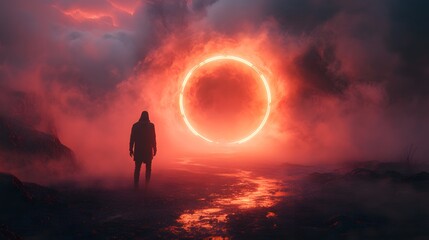 A solitary figure stands silhouetted before a glowing orange portal amidst a surreal, foggy landscape, suggesting a journey into the unknown, mystical realms.