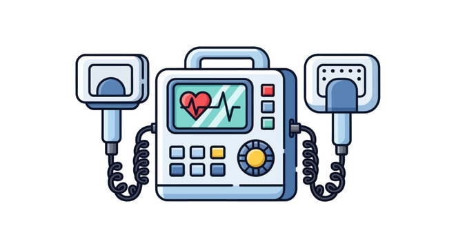 Medical defibrillator with paddles and EKG heart rate monitor screen.