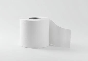 A roll of white toilet paper rests on a plain white surface, displaying a subtle textured pattern on the paper.