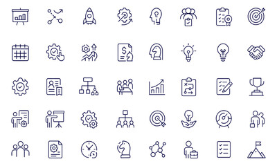 Project Management Icon Set, Linear Web and Mobile App Design, Business Planning, Startup, Teamwork, Organisation, Marketing, Workflow, Strategy, Collaboration, Growth, Vector Illustration