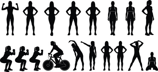 Women, silhouettes, poses, activities, fitness, casual, standing, sitting, stretching, cycling, pointing, posture, black, outline