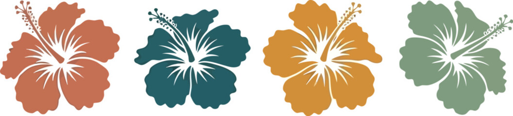 Four colorful hibiscus flowers arranged horizontally vibrant tropical floral design elements vector