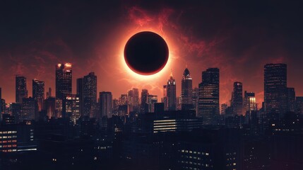 Annular solar eclipse creating fiery ring in the sky above city skyline.