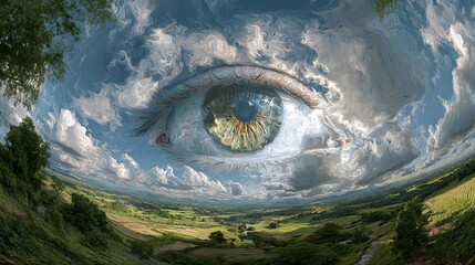 Visions of The World: The all-seeing eye, its gaze encompassing the tranquil countryside beneath a cloudy sky, symbolizing perception, observation and awareness