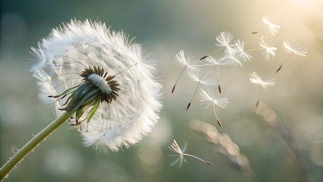 white dandelion seed head softly blurred background