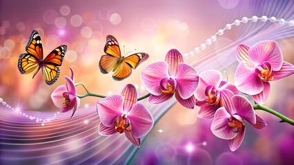 Pink Orchids And Butterflies With