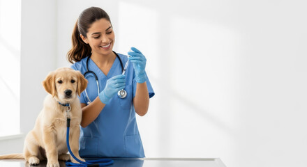 Veterinarian giving vaccine to puppy, preparing injection in bright clinic, smiling vet giving vaccine for adorable golden retriever. Veterinarian with syringe administering vaccine, copy space