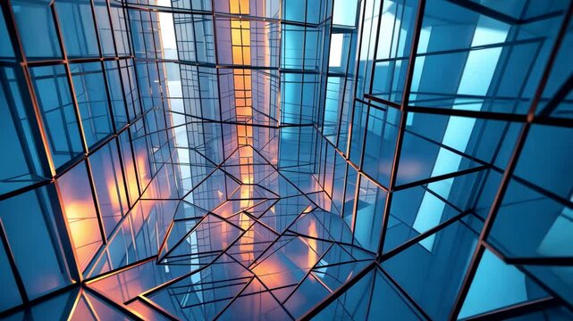 Abstract Blue Glass Structure with Geometric Lines and Reflections Creating Futuristic Architectural Design