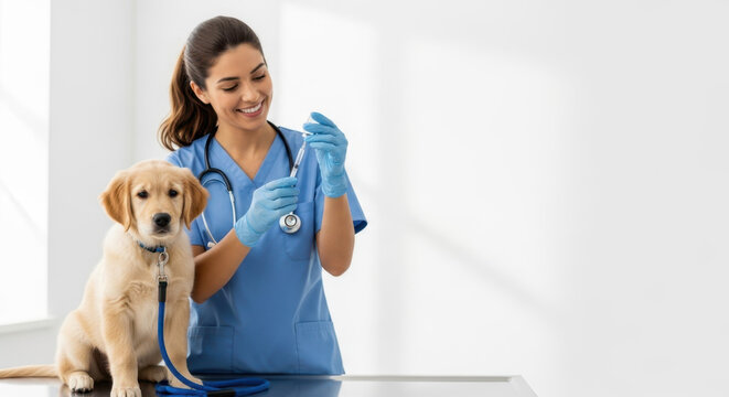 Veterinarian giving vaccine to puppy, preparing injection in bright clinic, smiling vet giving vaccine for adorable golden retriever. Veterinarian with syringe administering vaccine, copy space