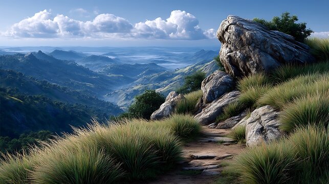 A grassy hilltop with sweeping views of distant peaks and a sky filled with soft, glowing clouds.