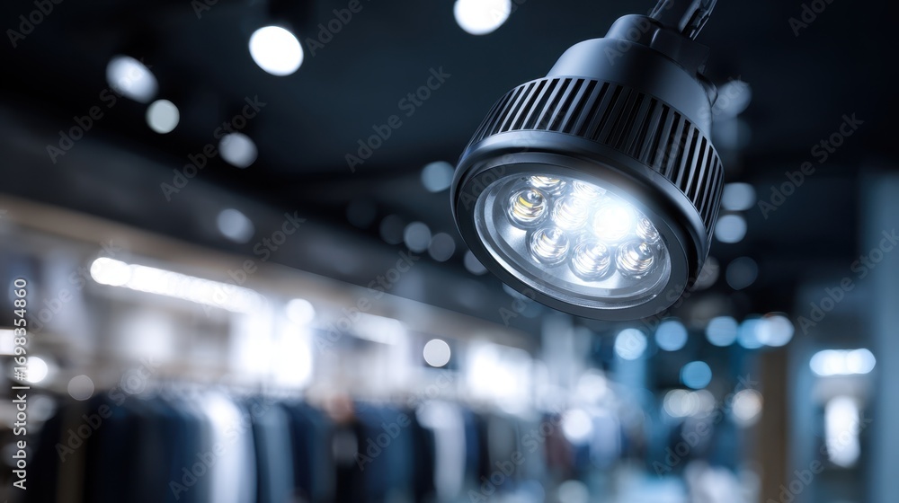 Poster close medium shot of a modern led spotlight casting bright light on merchandise demonstrating effici