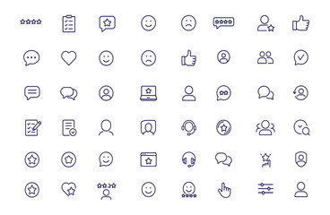 Customer feedback review icons, thin line vector illustration for survey, star rating, testimonials, satisfaction, chat, CRM, emotion, online business communication, client loyalty
