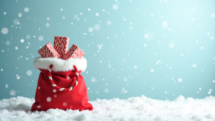 full bag of Christmas gifts snowfall blue background