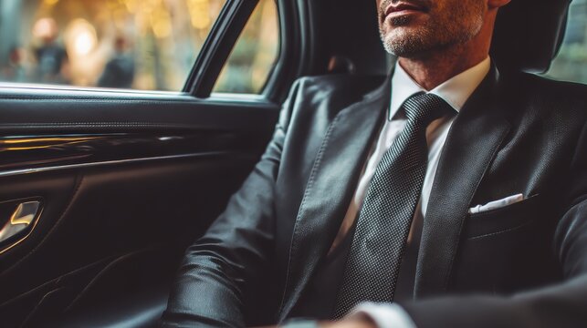 Sophisticated Travel: A well-dressed individual in a tailored suit enjoys a luxurious ride in a car's refined interior, epitomizing the essence of elegance and the comfort of premium transportation.