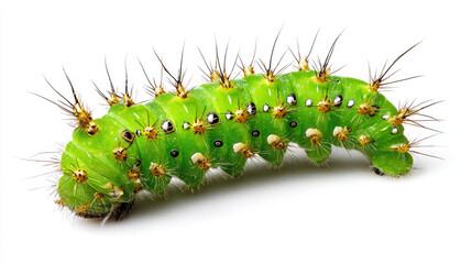 Naklejka premium Vibrant Caterpillar: A macro perspective unveils a stunning green caterpillar adorned with an array of spines and spots, set against a simple backdrop. 