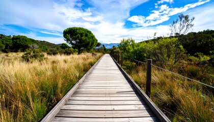 Obraz premium Scenic wooden walkway through tall grass