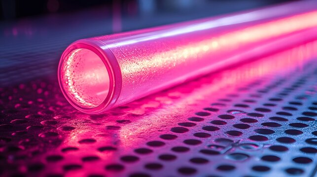 A close-up studio shot reveals a vibrant pink light emanating from a tubular structure resting on a perforated metallic surface creating beautiful reflections.