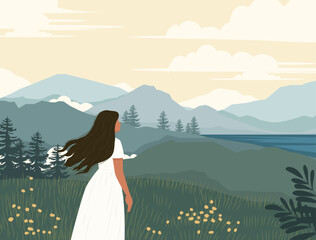 young woman crying alone in landscape Beautiful landscape and view with sun in background. Unhappiness