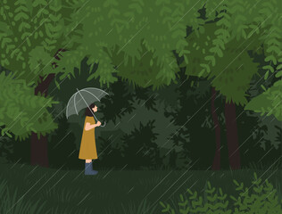 young woman against the nature backdrop, sheltered by a small umbrella in the rain.