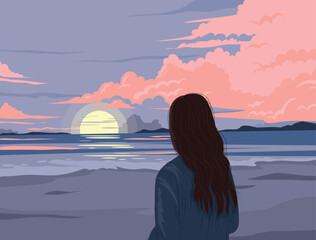 young woman crying alone in landscape Beautiful landscape and view with sun in background. Unhappiness