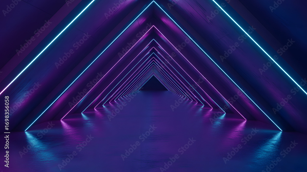 Poster neon tunnel of future: a symmetrical tunnel adorned with vibrant neon lights, creating an inviting p