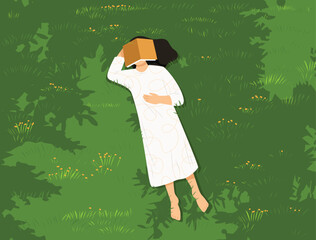young woman Lying alone on the grass  alone on the lawn illustration person loneliness pensive vector depression.