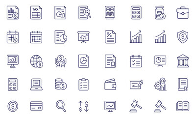 Accounting and Audit Line Style Web Icons Set, Finance Report, Tax Return, Invoice, Inspection, Auditing, Budget, Money, Business, Ledger, Bank, Calculator, Payment, Statistic, Vector Illustration