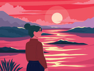 young woman crying alone in landscape Beautiful landscape and view with sun in background. Unhappiness