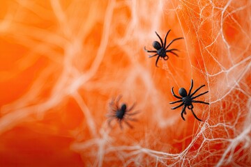 Three small black spiders crawling on a white spiderweb against a vibrant orange background for Halloween.