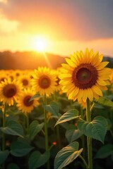 Obraz premium A field of sunflowers basking in the golden light of dawn, their faces turned towards the rising sun, a vibrant display of nature's radiant beauty , blossoming, sunrise, bloom