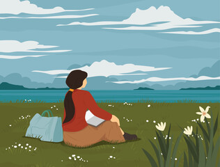 young woman Sad alone sitting read a book  alone on the lawn illustration person loneliness pensive vector depression.