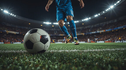 Naklejka premium A soccer player in action, focuses on a soccer ball, captured on the green pitch of a professional soccer stadium