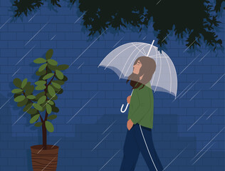 young woman against the nature backdrop, sheltered by a small umbrella in the rain.