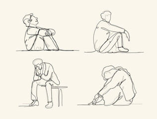 continuous one line art drawing. Sad in problem, anxiety and stress,  Mental health disorder, depression, tired.