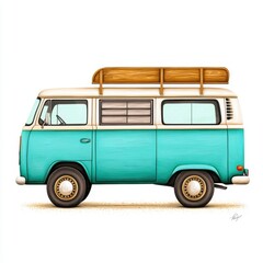Retro Teal Camper Van with Wooden Roof Rack Illustration