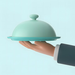 Fototapeta premium Elegant Service A Cartoon Hand Presenting a Covered Dish on a Tranquil Blue Background Artistically Rendered
