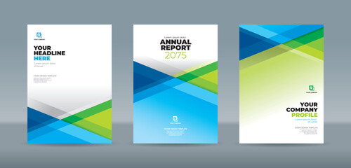 Modern geometric company cover template A4 size, editable for annual reports, company profiles, and business documents in the form of a blue polygonal and dynamic green in a clean white background.