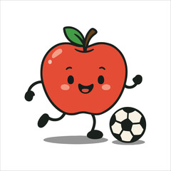 Illustration of happy apple playing soccer with a soccer ball isolated on white background