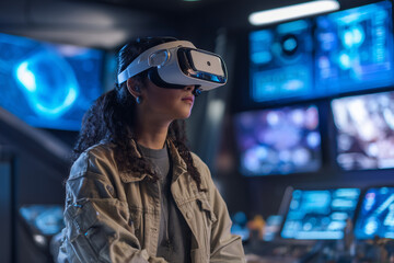 Virtual Reality Learning Designer Creating Immersive STEM Curriculum. Woman wearing VR headset at work. Female college student training with AI AR artificial intelligence smart tech