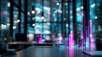 A modern office space featuring vibrant digital data visualizations amidst a backdrop of blurred city lights, conveying a high-tech atmosphere.