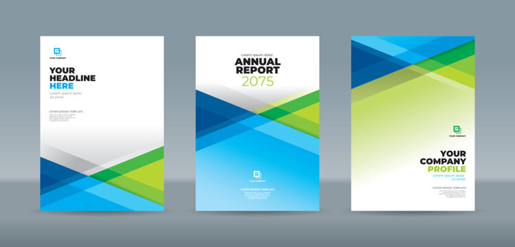 Modern geometric company cover template A4 size, editable for annual reports, company profiles, and business documents in the form of a blue polygonal and dynamic green in a clean white background. - Powered by Adobe