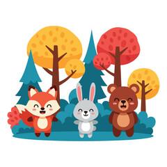 Fototapeta premium Illustration of cute fox, rabbit, and bear in a colorful forest with trees and flowers