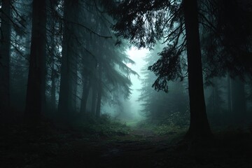 Mysterious path leading through a dark and foggy forest.