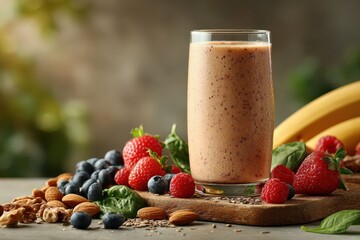 a healthy smoothie next to array of fresh fruits and nuts. The perfect morning breakfast