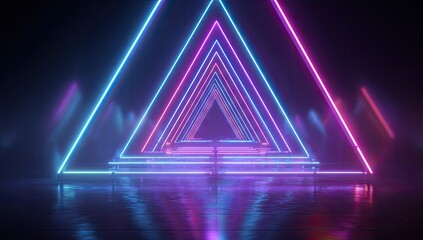 Futuristic Sci Fi Neon Lighted Corridor with Glowing Triangles.