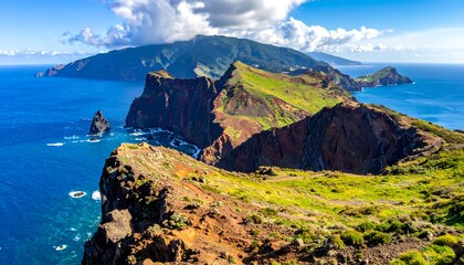 Panoramic view of rugged coastline with dramatic cliffs and lush green vegetation
