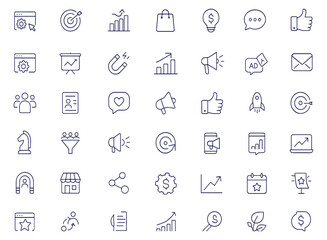 Digital marketing web and mobile app icons set, business, SEO, analytics, e-commerce, communication, social media, sales, ads, feedback, content, online campaign vector illustration, growth, promotion