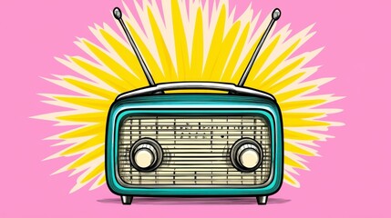 Retro Teal Radio with Yellow Sunburst on Pink Background